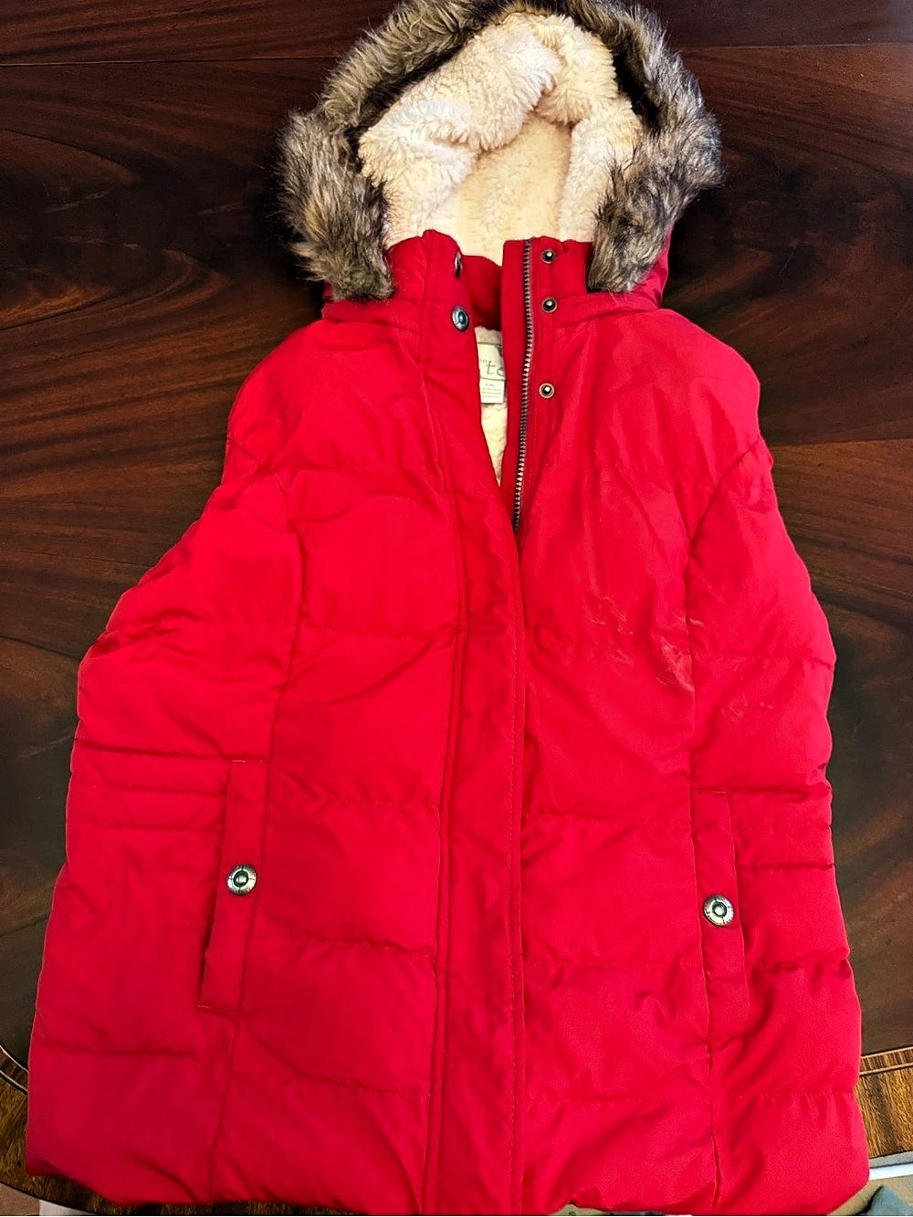 green tea Red & Cream Faux Fur Lined Puffer Large